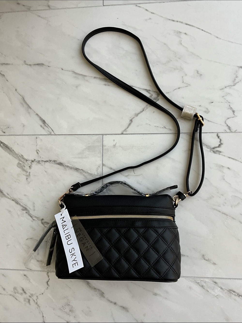Malibu Skye Black Quilted Crossbody with Gold Accents